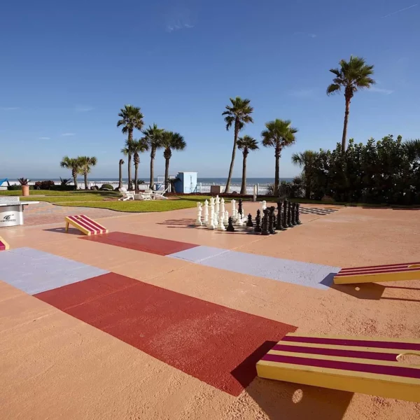 beachfront cornhole game and giant chess game at beautiful oceanfront Plaza Resort & Spa in Daytona Beach Florida