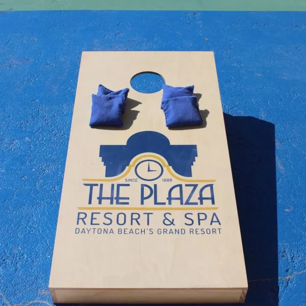 branded cornhole board game at beautiful oceanfront Plaza Resort & Spa in Daytona Beach Florida