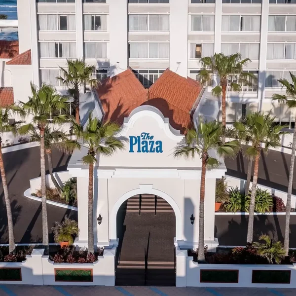 main entrance at beautiful oceanfront Plaza Resort & Spa in Daytona Beach Florida