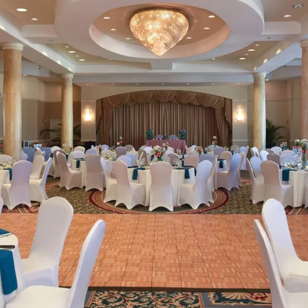 luxury ballroom decorated for a wedding reception with a dance floor